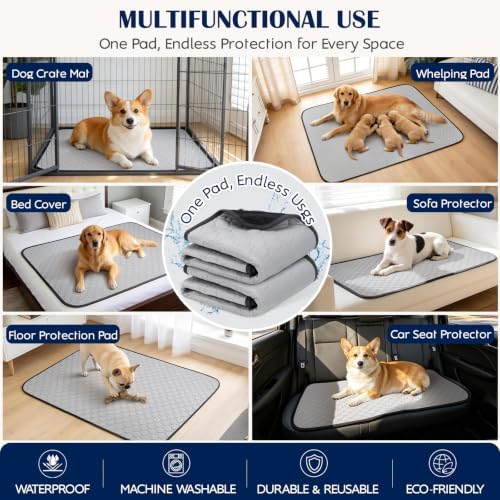 2 Pack Washable Pee Pads for Dogs, 36" x 48", Light Gray