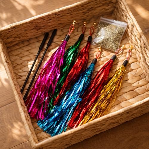 LUOZZY 16Pcs Cat Teaser Wand Refill Metallic Foil Tassel with Bell, Random