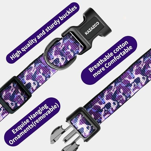 Kazazoo Medium Dog Collar, Reflective Nylon Collar,No Pull,Soft Neoprene Breathable & Quick Release Buckle Dog Collars for Bulldog,Husky,Border Collie Purple camo-M