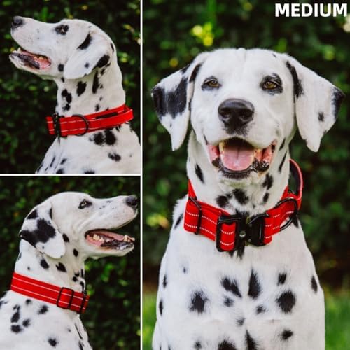 Tuff Pupper Tactical Dog Collar | Heavy Duty 1.5" Wide Ballistic Nylon | Training Control Handle | Quick-Release Metal Buckle | Reflective Bands | ID Tag Holder | Padded Inner Lining (Red, Medium)