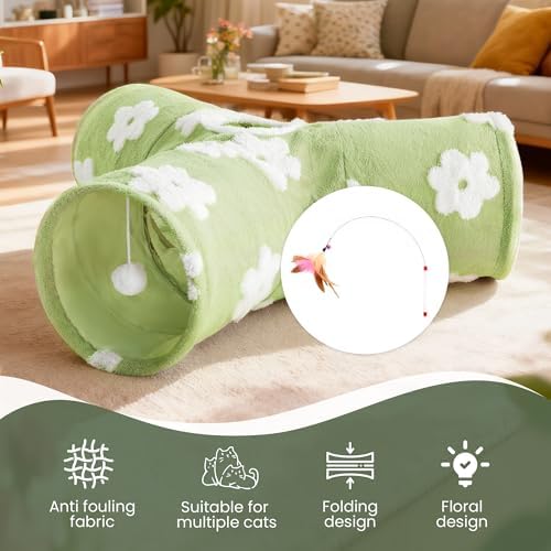 Tempcore Cat Tunnel, 3-Way Collapsible Toy for Indoor Cats, Daisy Green