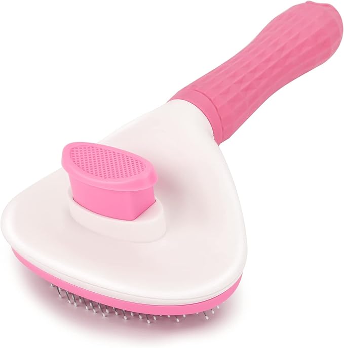Depets Cat Brush for Shedding, Skin Friendly Self-Clean Dog Slicker Brush | Removes Loose Undercoat, for Dogs Cats Rabbits Long & Short Hair, Pet Grooming Tool with Rounded Tips, Ergonomic Handle, Pink