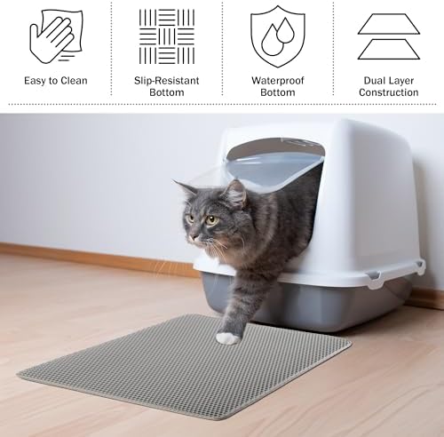 Cat Litter Mat - 24x15-Inch Waterproof Litter Box Mat with Dual-Layer Honeycomb Design for Trapping Litter - Slip-Resistant Cat Mat by PETMAKER (Gray) (Pack of 2)