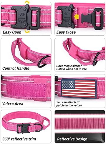 AUBELL Reflective Tactical Heavy Duty Dog Collar with Handle,Pink M