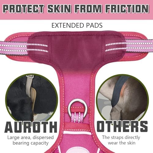 Auroth Tactical Dog Harness for Large Dogs No Pull Adjustable Pet Harness Reflective K9 Working Training Easy Control Pet Vest Military Service Dog Harnesses Rose Red L