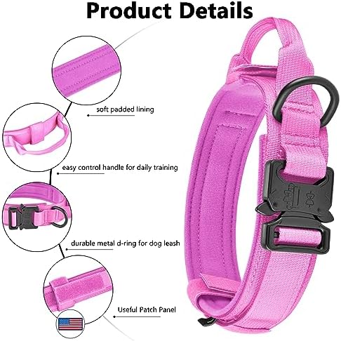 DAGANXI Tactical Dog Collar, Adjustable Military Training Nylon Dog Collar with Control Handle and Heavy Metal Buckle for Medium and Large Dogs, with Patches and Airtags Case (XL, Pink-Set)