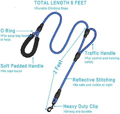 PLUTUS PET Rope Dog Leash 6ft Long,Traffic Padded Two Handle,Heavy Duty,Reflective Double Handles Lead for Control Safety Training,Leashes for Large Dogs or Medium Dogs,Dual Handles Leads(Navy Blue)