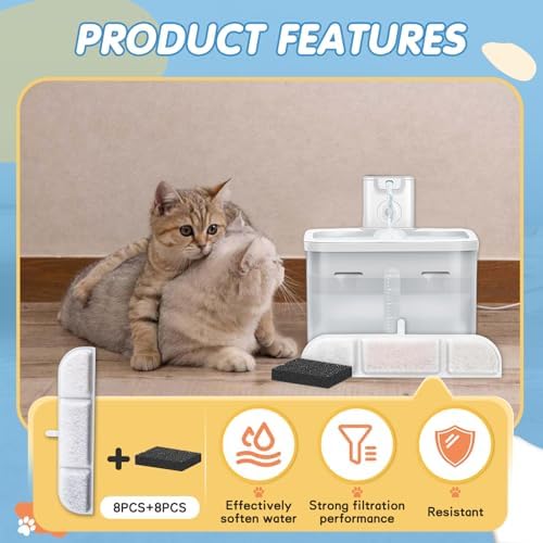 8Packs Replacement Filters Compatible with Downy Paws Cat Water Fountain - Triple Filtration Filters for DownyPaws 84oz/2.5L Wireless Pet Fountain DPWFP6 (8 Filters & 8 Sponges)