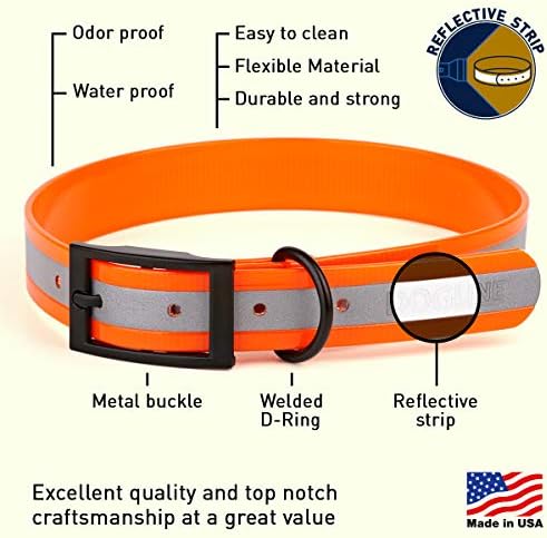 Dogline Biothane Translucent Reflective Waterproof Dog Collar Strong Coated Nylon Webbing with Black Hardware Odor- Proof for Easy Care Clean Fits Small Medium or Large Dogs - Orange 3/4"W x 12"-15" L