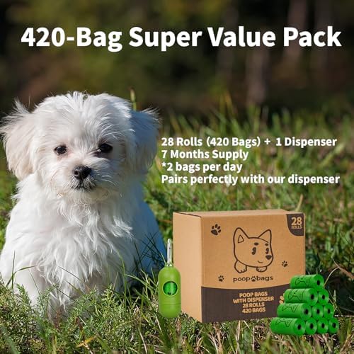Dog Poop Bags Rolls With Dispenser, Strong and Leak-proof Waste Bags for Pets, Floral Scented, 420 Count (28 Packs of 15), 13 Inch x 9 Inch (Green)