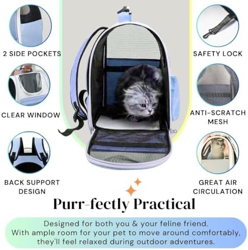 Spacious Cat Backpack Carrier, Portable Cat Carrier, Large Space for Pet, Backpack for Kitty Cat & Small Dogs up to 15lbs, Lightweight & Foldable Pet Carrier for Travel & Hiking (Ice Blue)