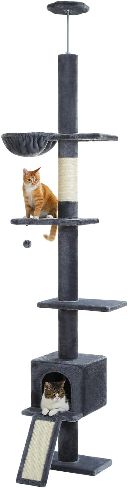 PEQULTI Floor to Ceiling Cat Tree, Adjustable 83-108in 5-Level Tower, Smoky | Tension-mounted tall cat tower with 5 levels, cozy condo, hammock & sisal scratching post; wide base for indoor adult cats