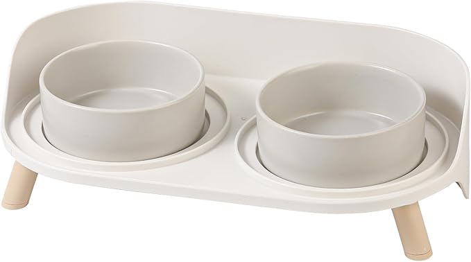 Raised Cat Food and Water Bowl Set - Elevated Ceramic Dishes with Non-Slip Stand and Splash Guard for Small Dogs - 2 x 320 ML (4.9 OZ) - Grey