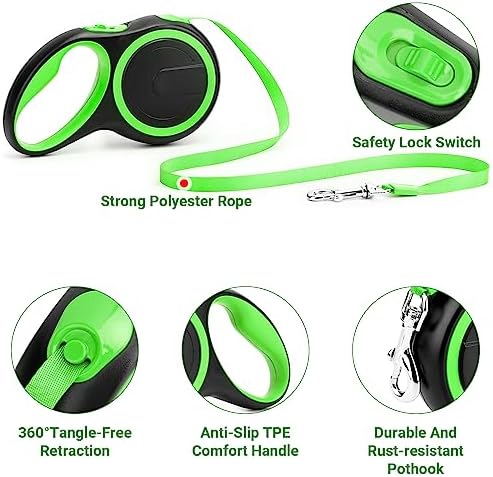 Segarty 16 Ft Extendable Dog Leash, 5m Heavy Duty Walking Dog Leash for Medium Small Dogs up to 44lb, Anti-Slip Handle 360°Tangle-Free Nylon Tape, One-Handed Button Lock & Release (Green)