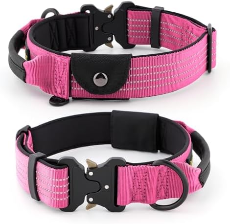 Plutus Pet Tactical Dog Collar with Pocket for AirTag, Pink, S