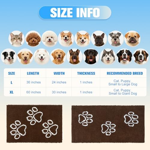 EXPAWLORER Dog Door Mat for Muddy Paws - Highly Absorbent Microfiber Pet Rug, Quick Dry Chenille Dog Runner Rug Indoor Outdoor, Non-Slip Entryway Carpet Washable Mud Mat for Dogs, Brown 60"x30"