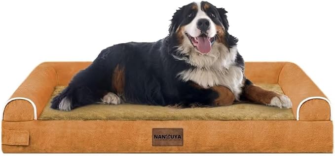 NANUYA Orthopedic Dog Bed for Jumbo Dogs, 53 x 42 Inch, Orange | Egg crate foam for joint support, 3-sided bolster pet sofa, waterproof lining, washable cover, and non-skid base