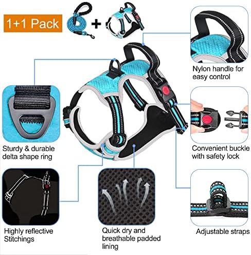 tobeDRI No Pull Dog Harness Adjustable Reflective Oxford Easy Control Medium Large Dog Harness with A Free Heavy Duty 5ft Dog Leash, Blue/Grey, M
