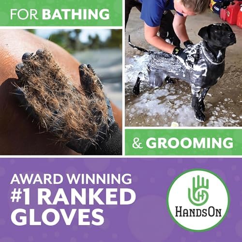 H HANDSON Pet Grooming Gloves - Patented #1 Ranked, Award Winning Shedding, Bathing, & Hair Remover Gloves - Gentle Brush for Cats, Dogs, and Horses (Purple, Medium)