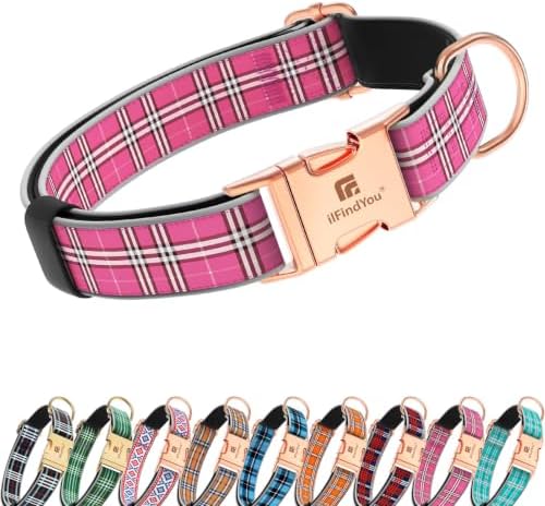 Reflective Plaid Dog Collar for Small Dogs, Rose Red-S