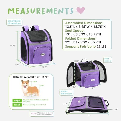 Petique The Backpacker Pet Carrier - Denim: for Small Dogs/Cats/Pets, Storage Pocket, Luggage Handle Slit, Leash Inside, Adjustable Straps, Reversible Mat, 3 Entryways, Folds Flat, Reflective Strip