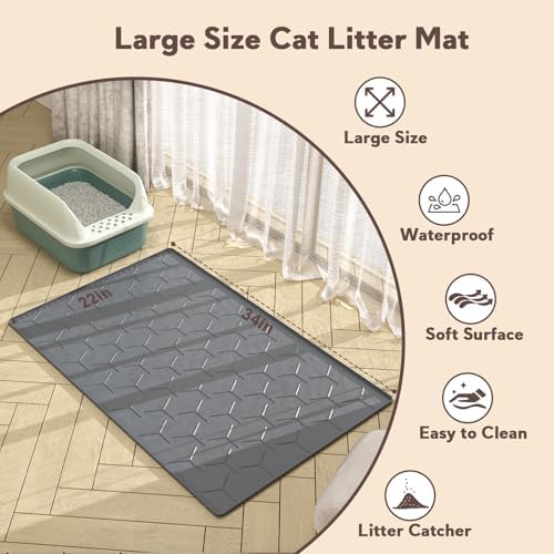Garoopion Silicone Cat Litter Mat 34×22 inch, Easy to Clean, Dark Gray