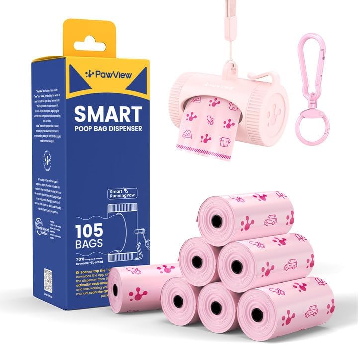 Dog Poop Bags Rolls with Retractable Poop Bag Holder, Leak Proof and Extra Thick Lavender Pet Waste Bags, 70% Recycled GRS Certified, 1 Dispenser and 105 Bags for Doggy Walking & Cat Litter