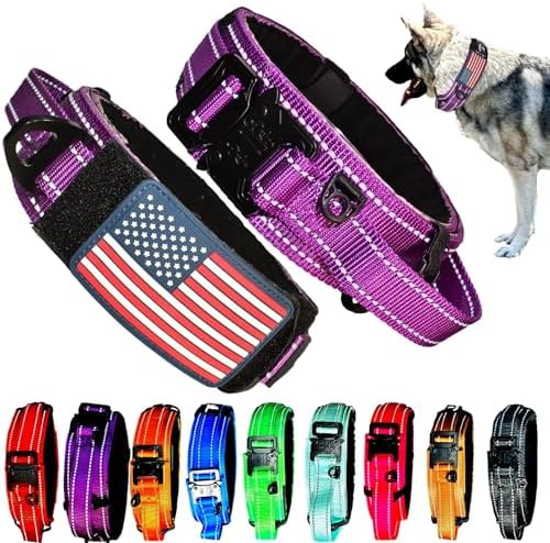 2-Inch Wide Tactical Dog Collar with Control Handle, Adjustable for Medium & Large Dogs, Military Style with Heavy-Duty Metal Buckle, USA Flag Patch & Customizable Name Plate, Training & Everyday Use