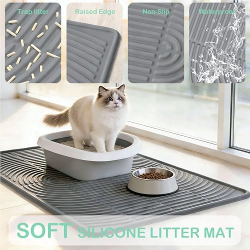 SORKUT Cat Litter Mat for Litter Box, 40x28 Inch Extra Large Silicone Litter Trapping Mat, Waterproof & Non-Slip Floor Protector, Soft on Kitty Paws, Easy to Clean & Durable, Gray