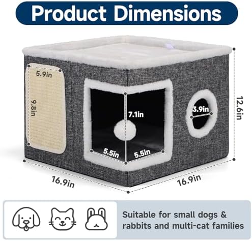 Shikha Cat House Bed for Indoor Cats with Fluffy Ball and Scratch Pad Grey