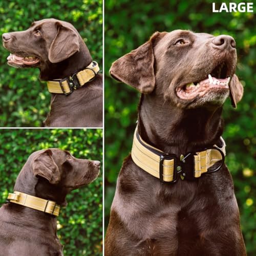 Tuff Pupper Tactical Dog Collar | Heavy Duty 1.5" Wide Ballistic Nylon | Training Control Handle | Quick-Release Metal Buckle | Reflective Bands | ID Tag Holder | Padded Inner Lining (Tan, Large)