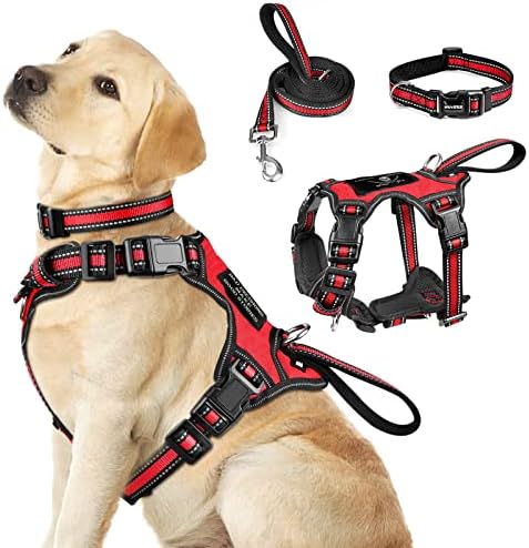 WINSEE Pet Harness Collar and Leash Set, All-in-one Reflective Dog Harness No Pull with Adjustable Buckles for Puppies, Small, Medium, Large, and Extra-Large Dogs (Large, Red)