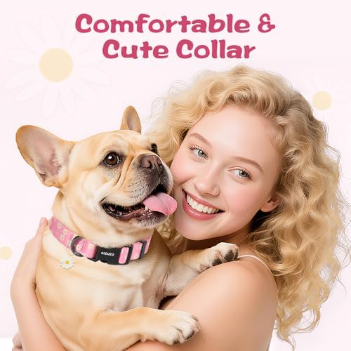 Kazazoo Dog Collar Cute and Soft Nylon Puppy Collar Girl Dogs, Adjustable Dog Collars for Extra Small Dogs, Pink Daisy-XS
