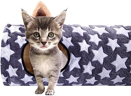 Cat Tunnel -Straight-Shaped, Gray Star Pattern, Soft Velvet Exterior, Oxford Fabric Fog-Proof Interior, Plush Toy Ball, Easily Washable, Conveniently Foldable, 47.2in/120cm
