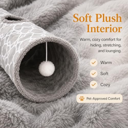 Geometric Straight Cat Tunnel with Plush Inside,Cats Toys Collapsible Tunnel Tube with Balls, for Rabbits, Kittens, Ferrets,Puppy, Diameter 9.8 Inch