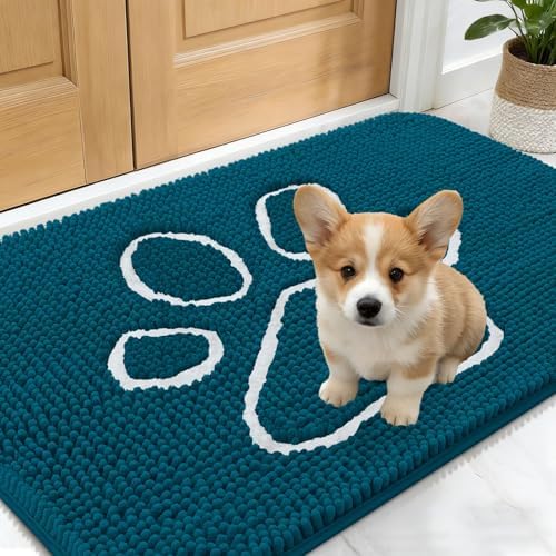 OLANLY Dog Door Mat for Muddy Paws 24x16, Paw Print Design Chenille Mud Mat