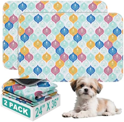 Washable Pee Pads for Dogs, Stylish Absorbent Reusable Training Dog Pads, Non-Slip and Leak-Proof Puppy Pads, Potty Pads for Crates, Whelping, Playpen, Bed and Floors (Colorful, 24" x 36" 2PACK)