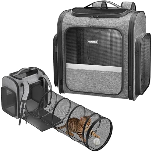 Pawtners Cat Backpack with Play Tunnel, Design for Carrying Playing Grey