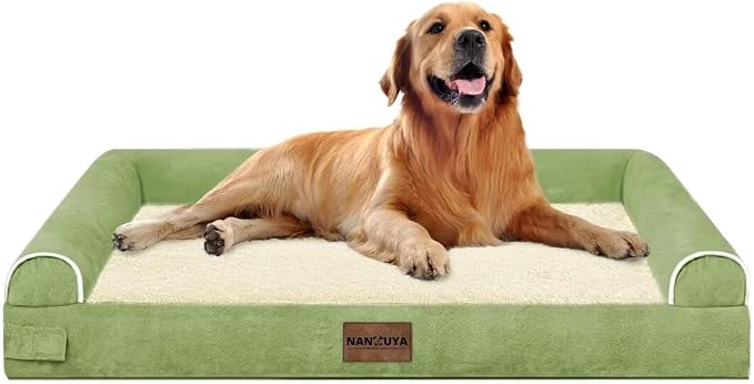 NANUYA Orthopedic Dog Bed for X-Large Dogs, 40 x 32 Inch, Grass Green | Egg crate foam for joint support, 3-sided bolster pet sofa, waterproof lining, washable cover, and non-skid base