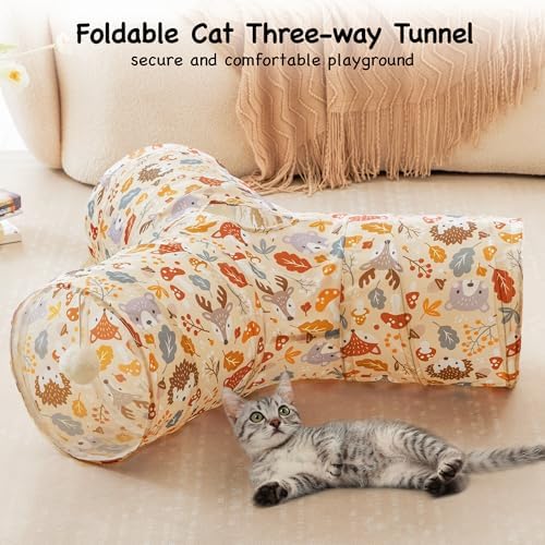 Tempcore Cat Tunnel, 3-Way Collapsible Toy for Indoor Cats, Beige Deer