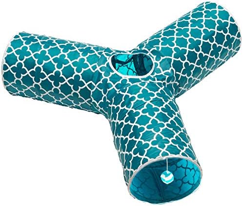 Cat Tunnel - Collapsible 3 Way Quatrefoil Play Toy - Tube Fun for Rabbits, Kittens, and Dogs - Quatrefoil Teal/White
