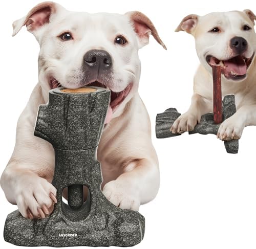 Ansoniser 2-in-1 Bully Stick Holder & Chew Toy - Tree Stump Design Prevents Choking, Keeps Dogs Busy with Mental Stimulation, for All Breed Sizes, Easy to Clean