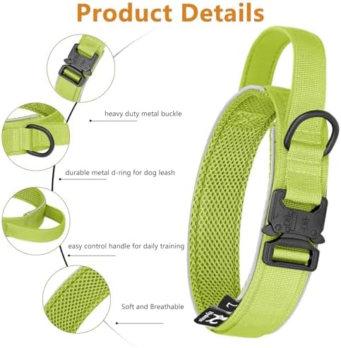 HYDEME Tactical Dog Collar, Alpine Loop Adjustable Military Training Nylon Dog Collars with Handle and Reflective for Small Medium Large Dogs, with Airtags Protective Case & Patches.(M,GrassGreen)