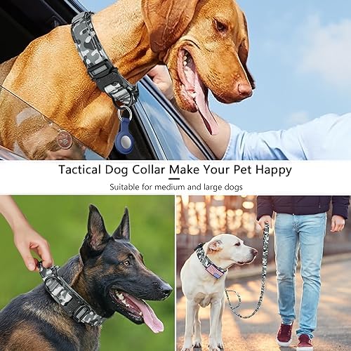 DAGANXI Tactical Dog Collar, Adjustable Military Training Nylon Dog Collar with Control Handle and Heavy Metal Buckle for Medium and Large Dogs, with Patches and Airtags Case (S, Camo-Set)