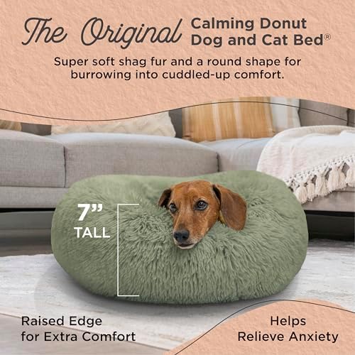 Best Friends by Sheri The Original Calming Donut Dog Bed for Small Dogs up to 25 lbs, Shag Faux Fur, Sage Green, 23" x 23"