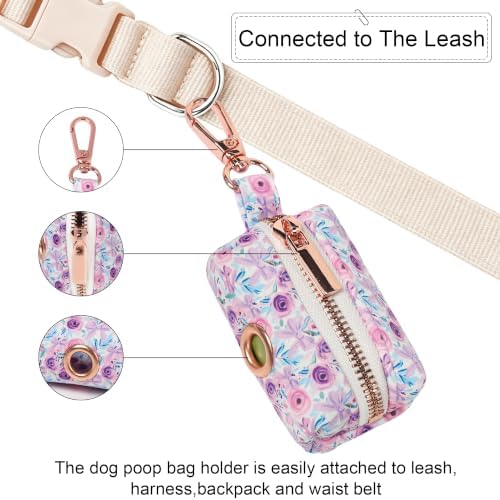 ARING PET Floral Dog Poop Bag Holder, Cotton Puppy Purple Rose Waste Bag Dispenser Attach to Any Leashes, Portable Washable Pet Waste Pouch Holder with Two Rolls of Bags