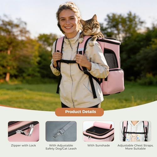 Lekereise Large Cat Backpack Carrier Expandable Pet Carrier Backpack for Small Dogs Medium Cats Fit Up to 18 Lbs, Foldable Puppy Backpack Carrier for Travel, Hiking, Pink