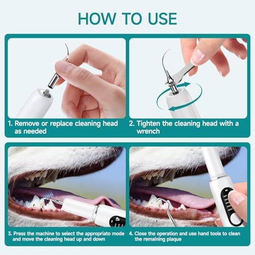 Dog Teeth Cleaning Kit Dog Plaque and Tartar Remover with LED Light 5 Adjustable Modes Electric Toothbrush Pet Teeth Cleaner for Dogs and Cats (White)