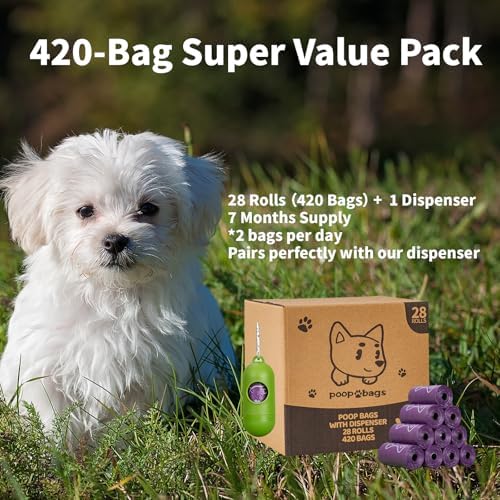 Dog Poop Bags Rolls With Dispenser, Strong and Leak-proof Waste Bags for Pets, Floral Scented, 420 Count (28 Packs of 15), 13 Inch x 9 Inch (Purple)