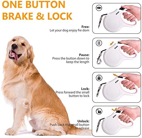 Fida Retractable Dog Leash with Dispenser and Poop Bags, 16ft, White & Pink